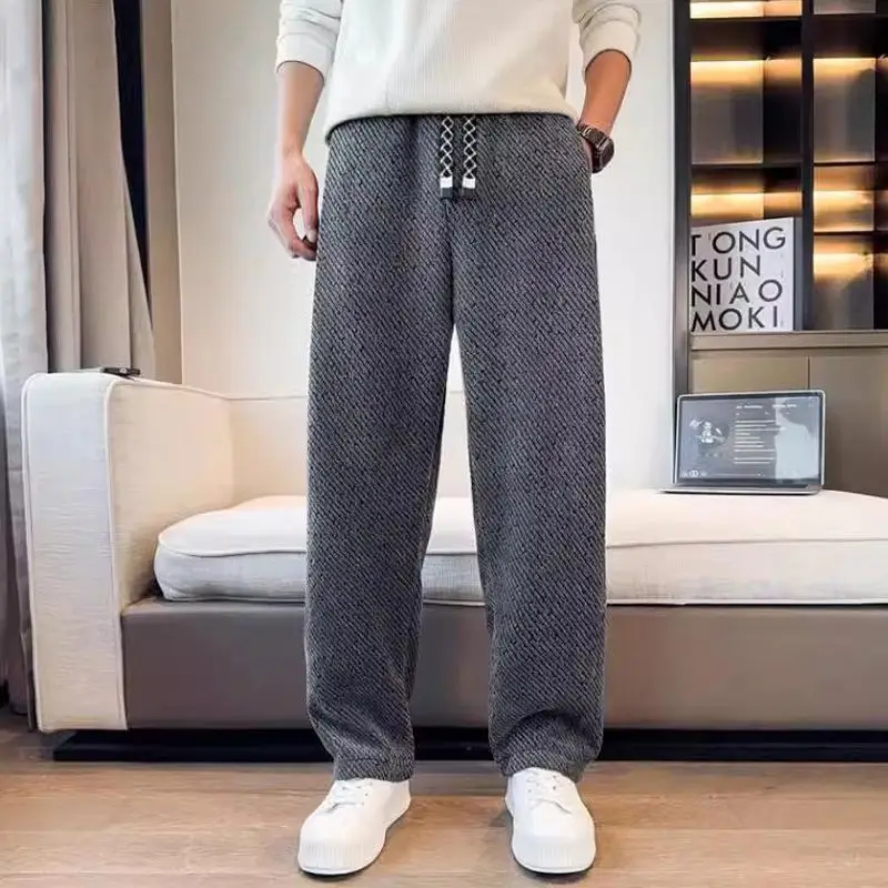 Men Drawstring Waist Textured Knit Pants Loose Jogger Trousers Casual Daily Wear Elastic Cuff Sweatpants