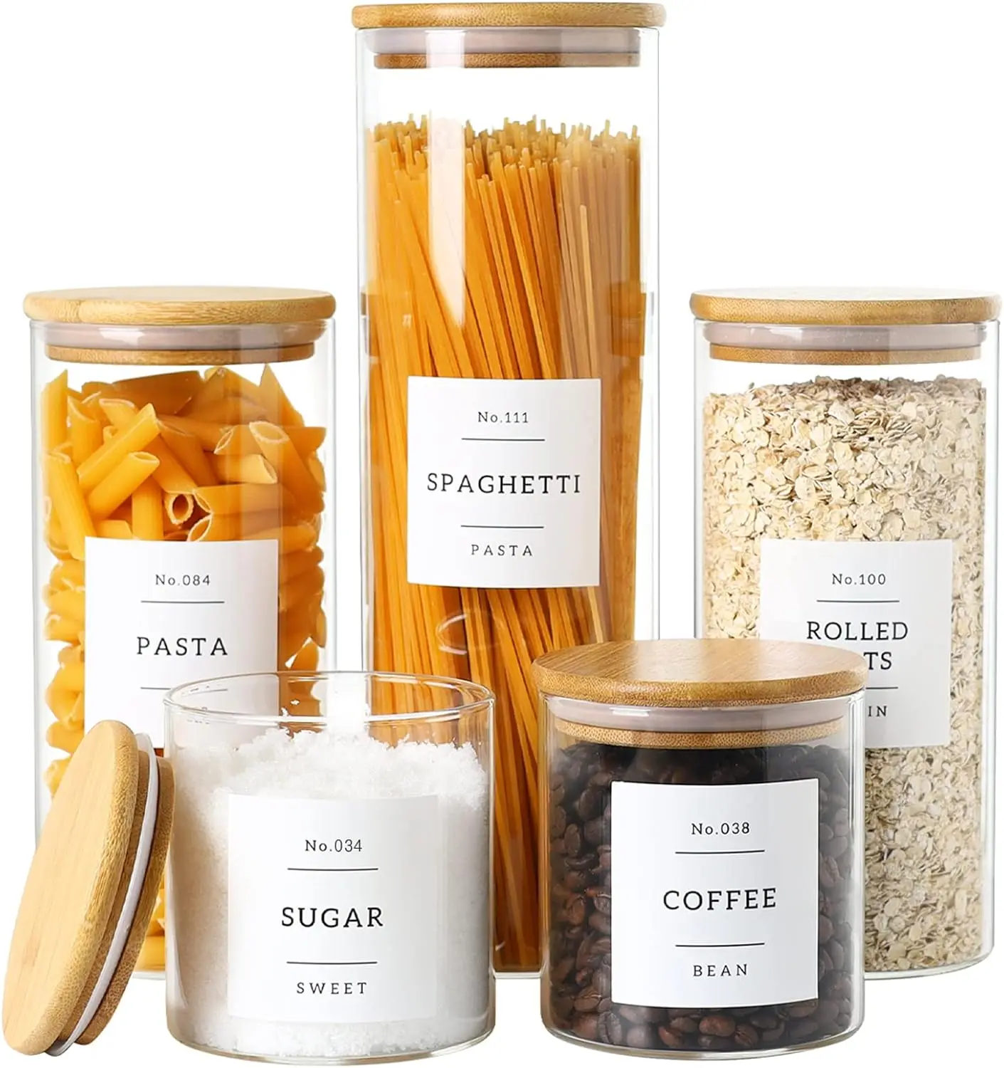 

5 Pack Glass Jars with Bamboo Airtight Lids - Stackable Food Storage Containers with 132 Pantry Labels - with Wood Lid