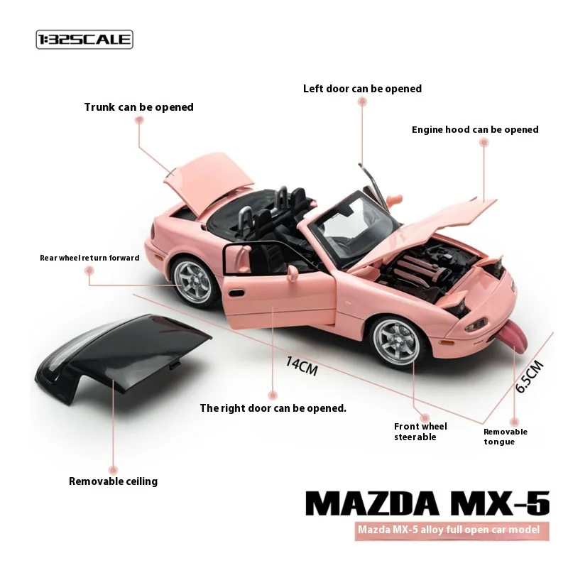 Modèle de voiture en alliage cabriolet rose pour fille, jouet acousto-optique mignon, cadeau d'ornements de modèle de musique, Mazda MX5, coeur, 1:32