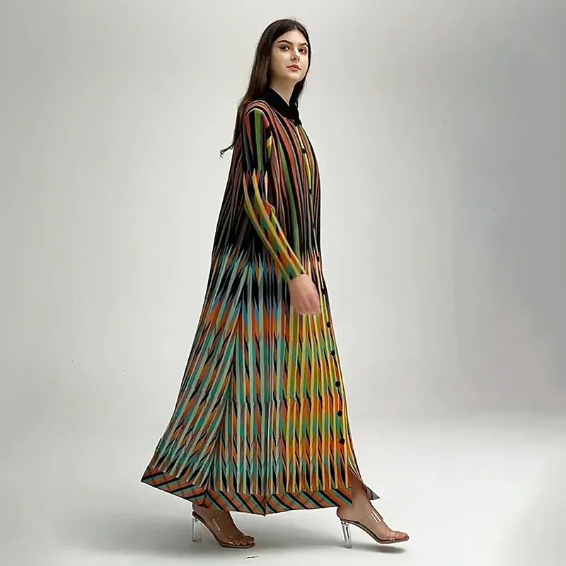 Miyake Colorful Striped Pleated Fashion Dress Women Lapel Single Breasted Loose Fit Long Dresses Party 2024 New Muslim Robe