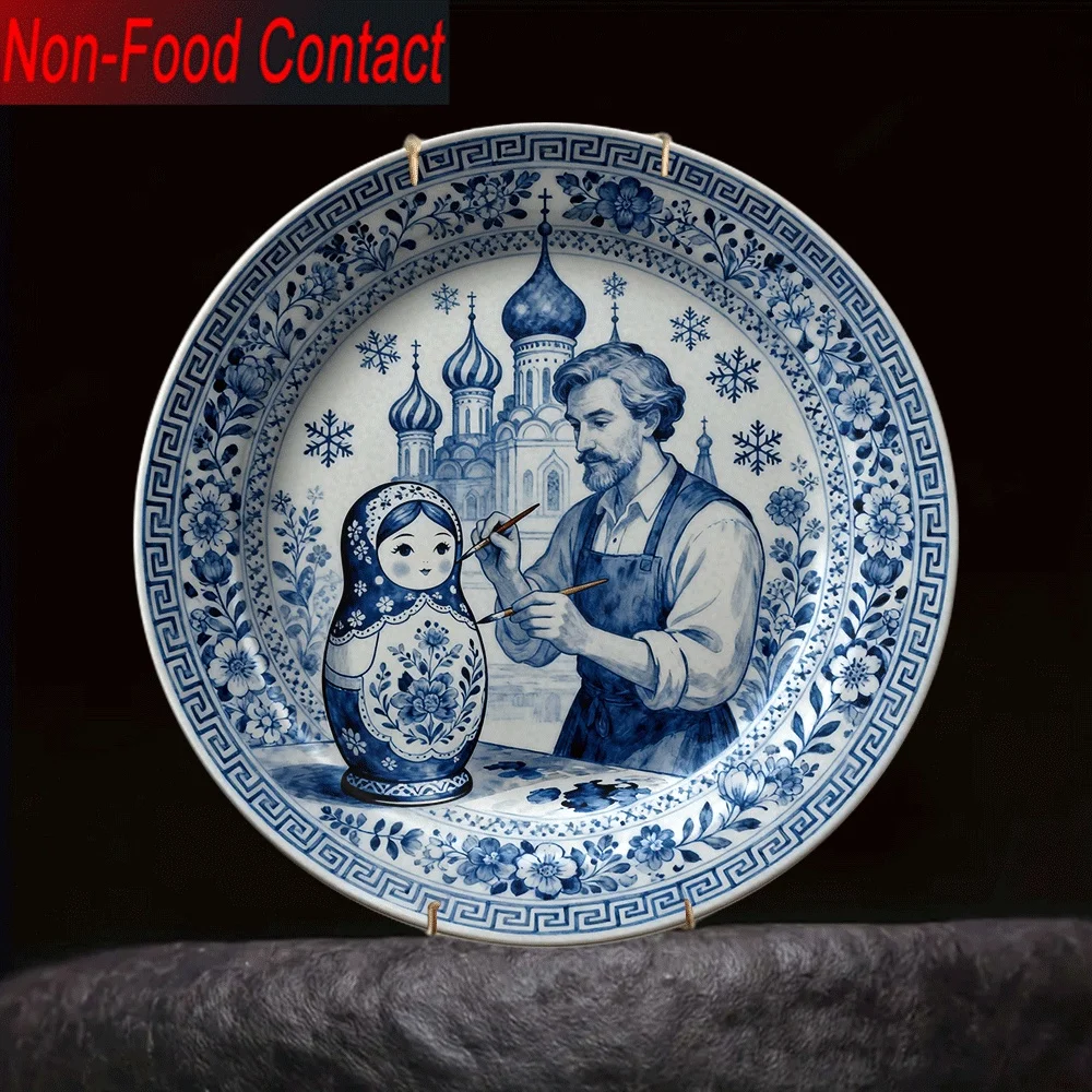 1pc Russian Matryoshka Doll & St. Basil'S Cathedral Ceramic Decorative Plate - Hand-Painted Style & Traditional Russian Folk