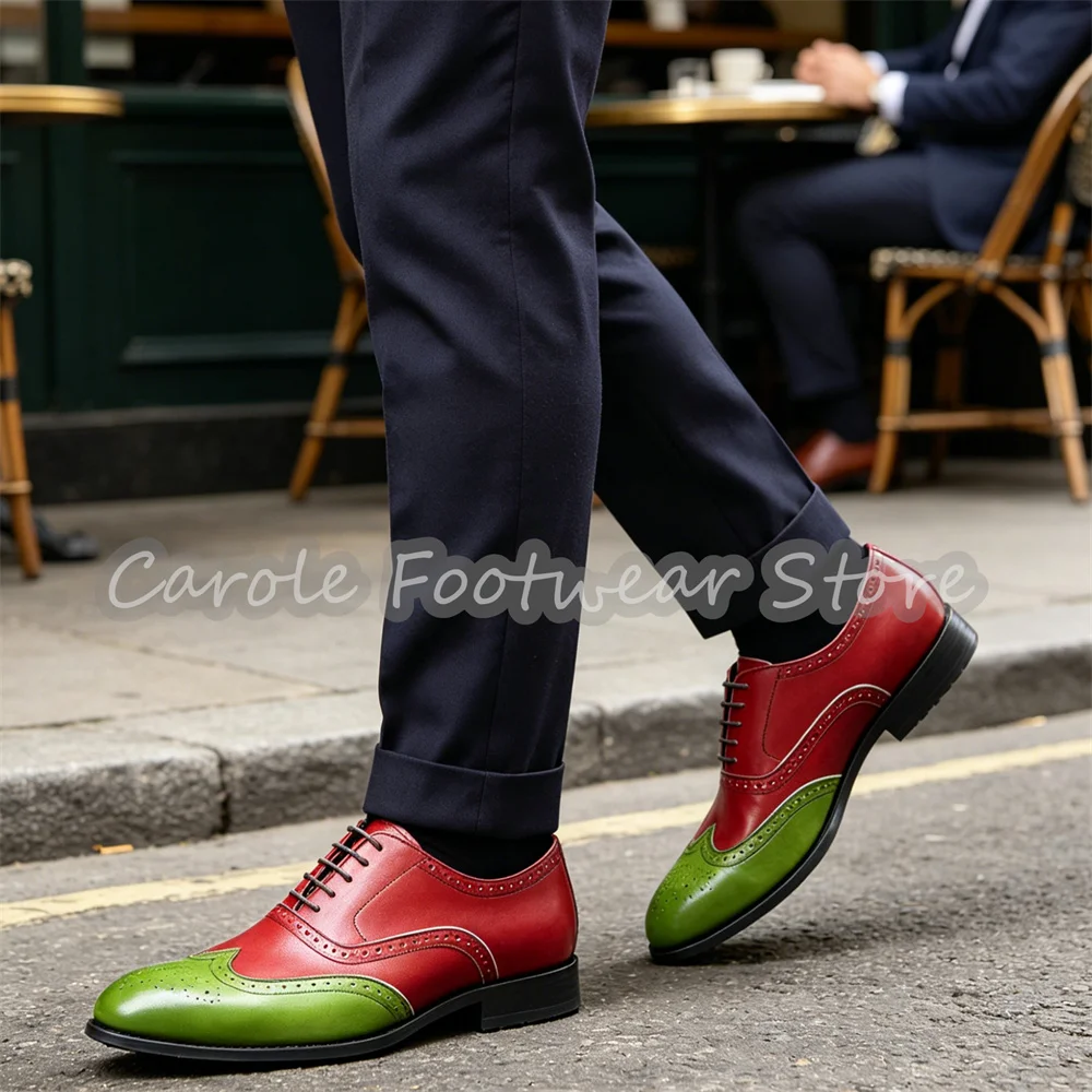 

Retro Male Genuine Leather Brogue Oxford Shoes Fashion Mixed Color Lace-Up Low Heel Loafers Wedding Party Business Dress Shoes