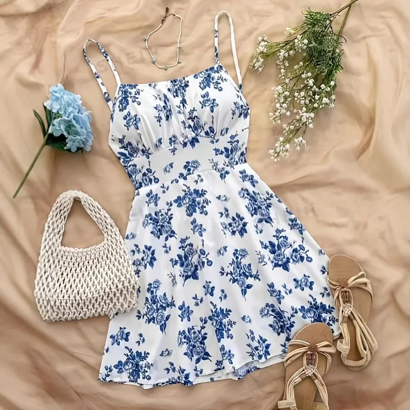 Elegant Floral Print Women's Summer Mini Dress Sexy Bohemian Backless Strap Sundress Casual Sleeveless Holiday Short Dresses