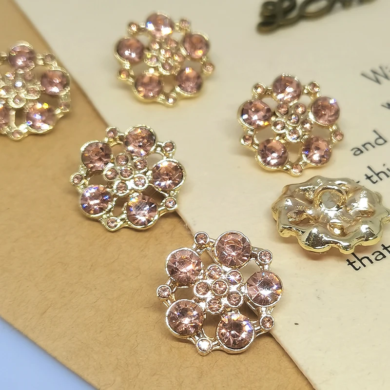 18/25MM Gold Pink Rhinestone Flower Metal Buttons Of Clothing 6Pcs Luxury Big Shinny Diamond Fashion Decor Button For Women Coat