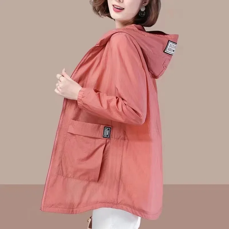 

Spring Summer Women's Jacket Long Sleeve Tops Hooded Coat Thin Sun Protection Clothing Outdoor Sports Windbreaker Female V704