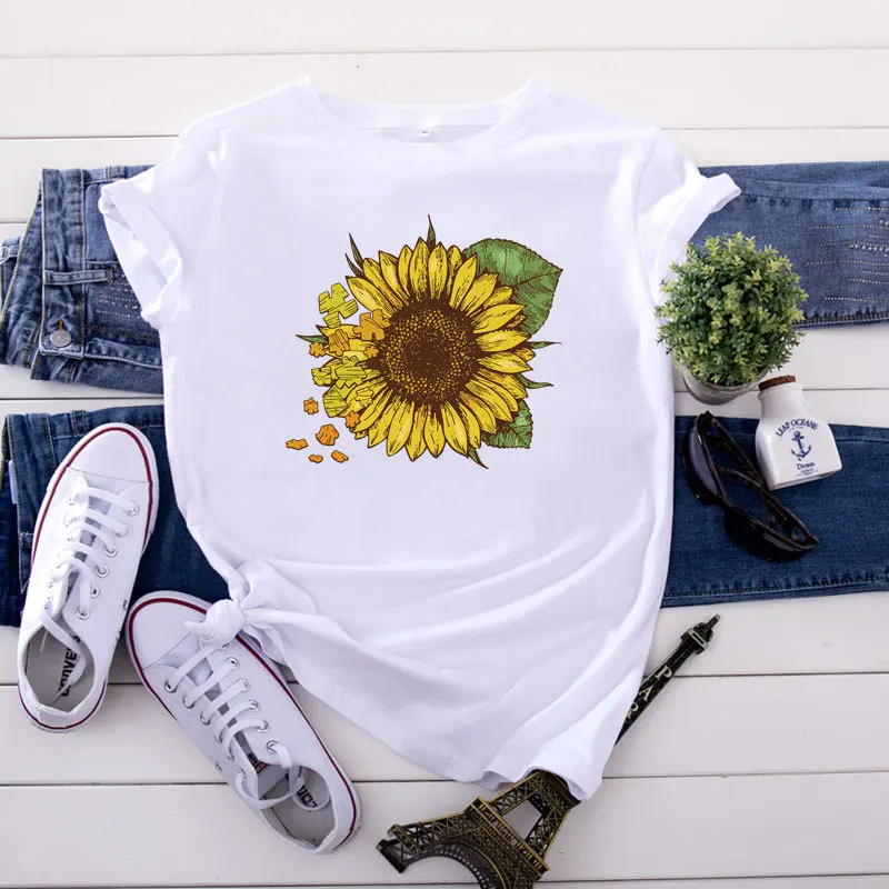 Women's T-shirts Lady Fashion Short Sleeve Clothes Summer Shirt Top Tee O Neck Female Ladies Womens Tee T-Shirt Sunflower Print