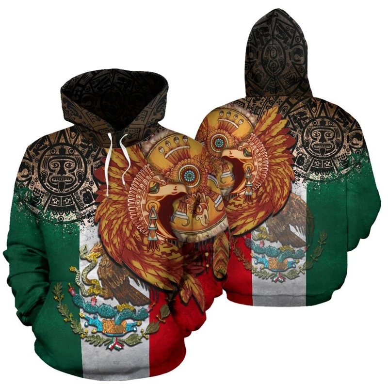 

Mexico Flag Map 3D Print Hoodies For Men Clothes Aztec Warrior Eagle Quetzalcoatl Male Hoody Skull Tracksuit National Emblem Top