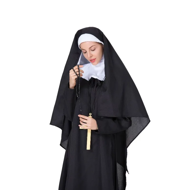 Gothic Nun Costume for Women Black Tunic with White Guimpe for Halloween Party Vampire Theme Cosplay and Theatre Performance view 6