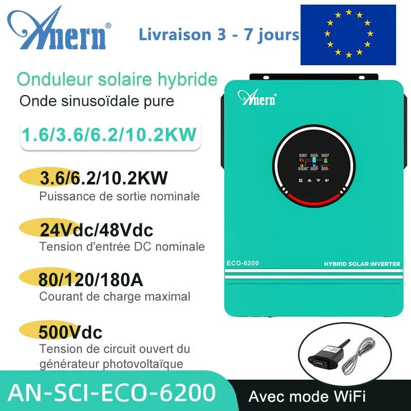 Onduleur solaire hybride, 1,6 kw, 3kw, 3,6 kw, 6,2 kw, 8,2 kw, 10,2 kw, MPPT, 80a, 120a, 140a, 160a, hors réseau, 12V, 24V, 48V, 230vac, PV, 500Vdc