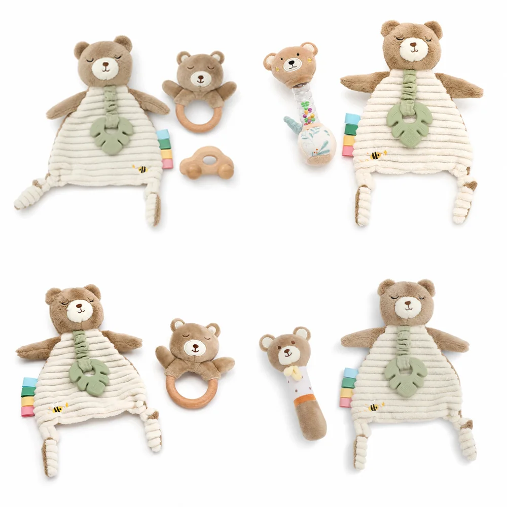 Baby Comfort Blanket Toy Cartoon Bear Set Plush Animal Rattles Promotes Sensory Development Early Learning Educational Toys Gift