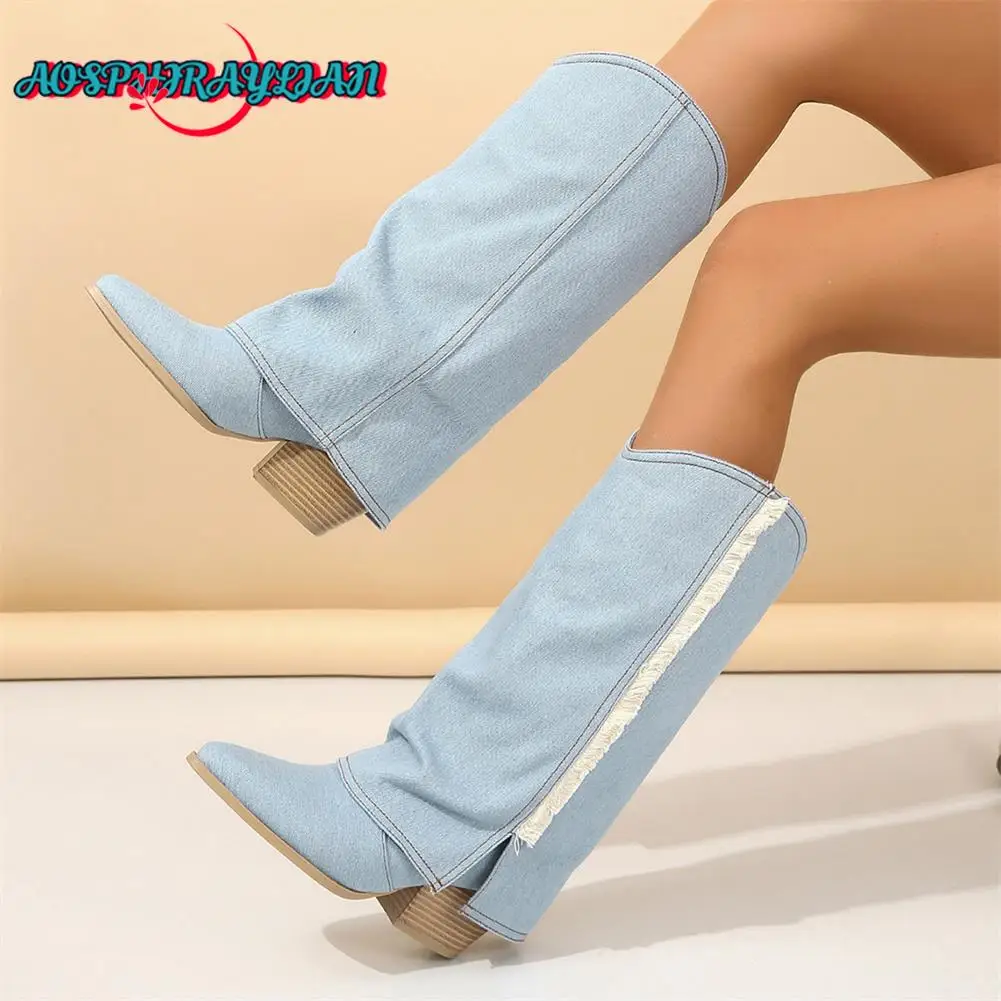 

New women's Chunky High Heels Denim Boots Fashion Pointed Toe women's Wstern Cowgirl Boots Party Vintage Cowboy Woman Shoes