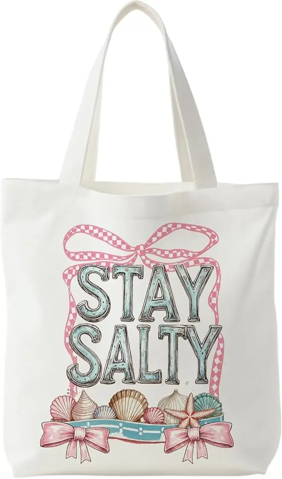 

Ocean Themed White Canvas Shoulder Bag with Letter Print Shell Starfish Bow Decoration Suitable for Casual Daily Commuting Use