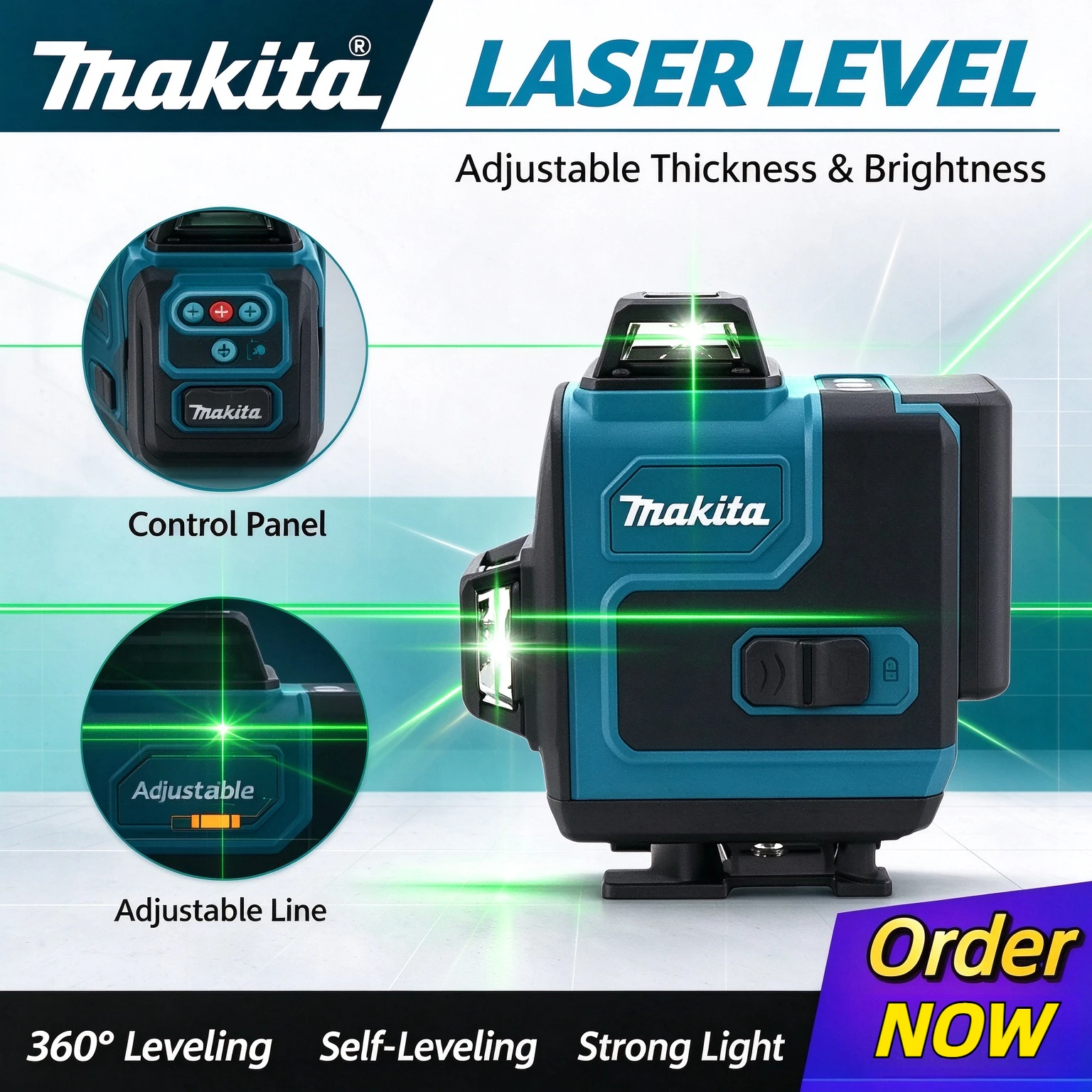 Makita 3D-4D 16-Line Green Beam Laser Level, 360° Horizontal/Vertical Lines, Fine Adjustment Knob, Portable for Job Sites.