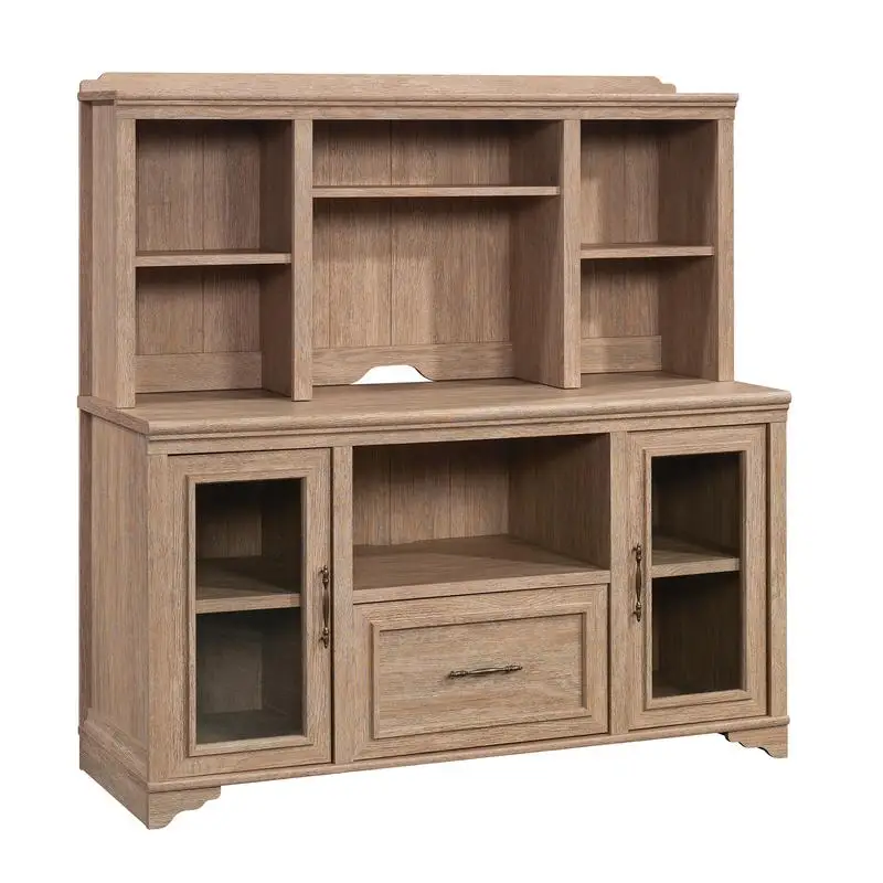 

Brown Office Credenza & Hutch Set, Stylish Storage Solution for Home or Office Workspaces