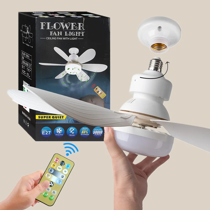 LED ceiling fan light E27 with remote control for dimming, suitable for living room, study, household use, 85-265V