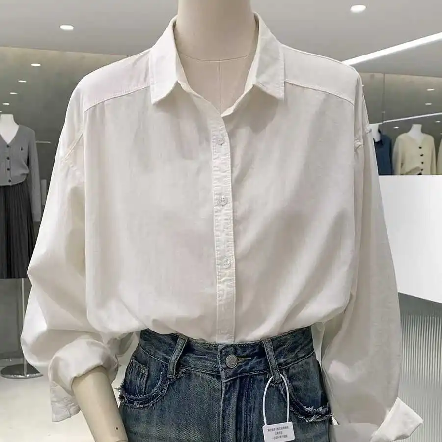 

White Pure Cotton irt Women's Casual Faionable Lazy Sle Sweet Youthful Inner Wear Top Loose Fit Long Sve Button up