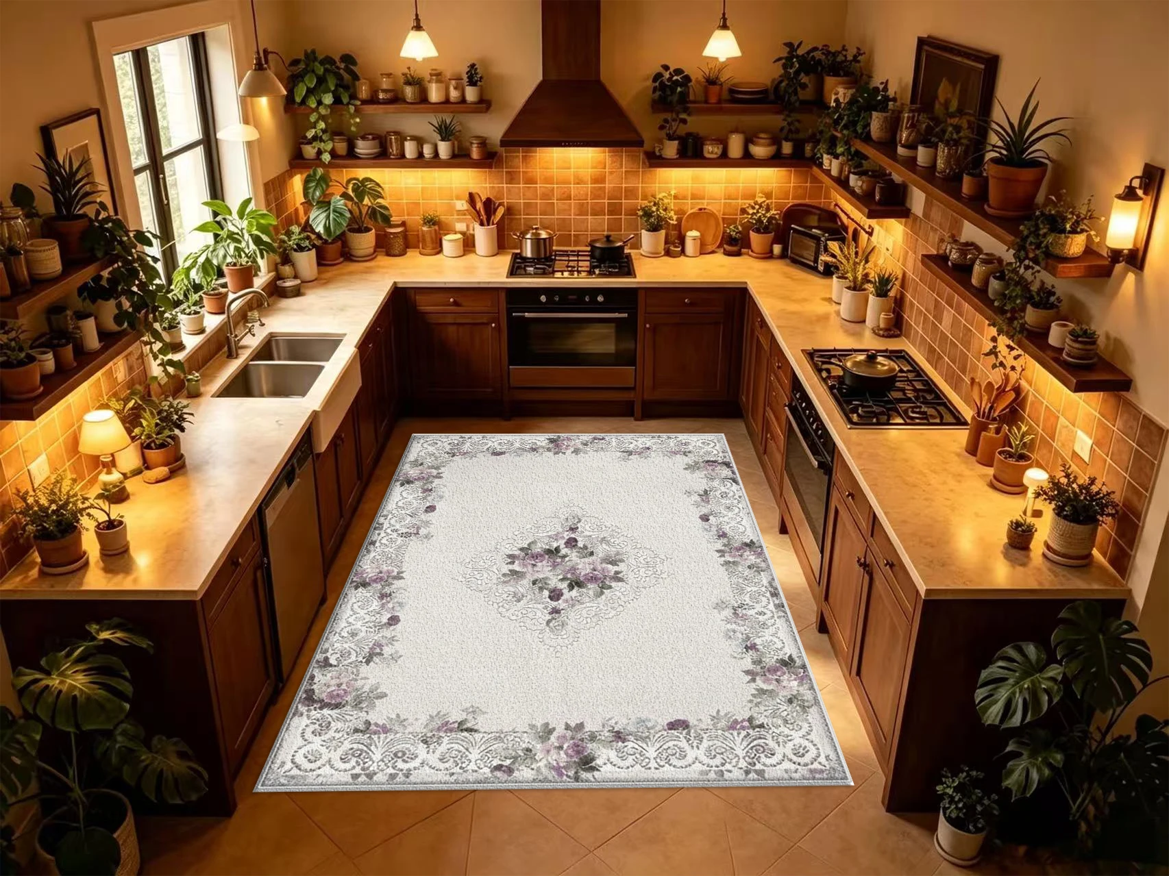 Cream Purple Shabby Chic Floral Square Area Rug Lace-Style Rose Border Printed Floor Carpet for Living Room Bedroom Home Decor