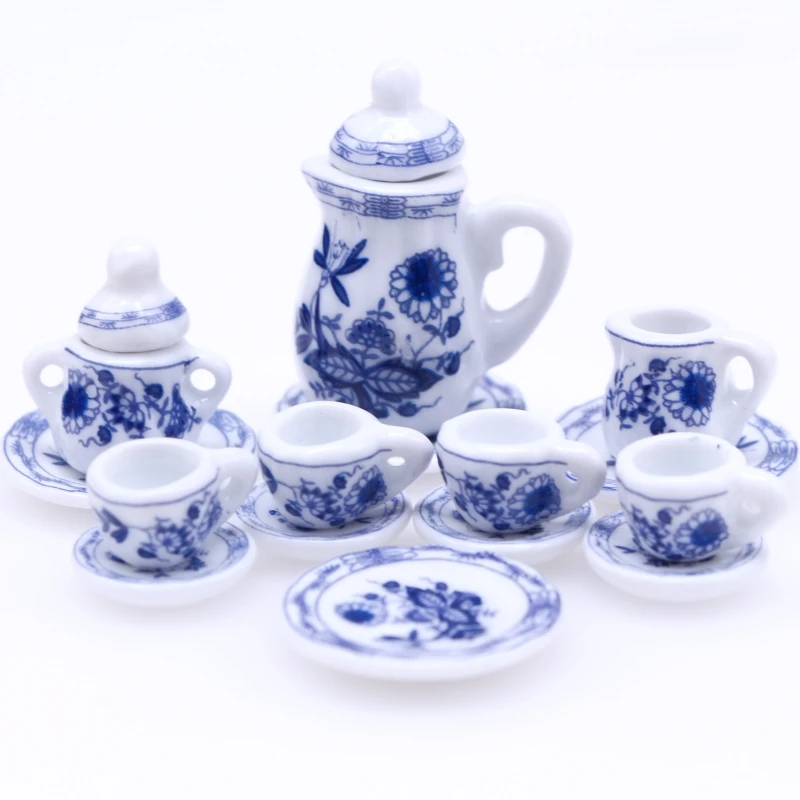 15Pcs Mini Ceramic Miniature Porcelain Flower Pattern/Blue Porcelain/Plum Blossom/White Teapot Cup Plates Set Kitchen Accessory