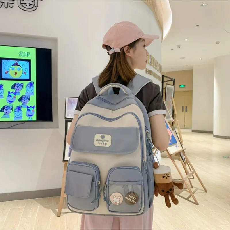 Cute Campus Preppy Backpack Large Capacity Multi-pocket Bags Women Primary Junior High School Students Schoolbags With Pendant