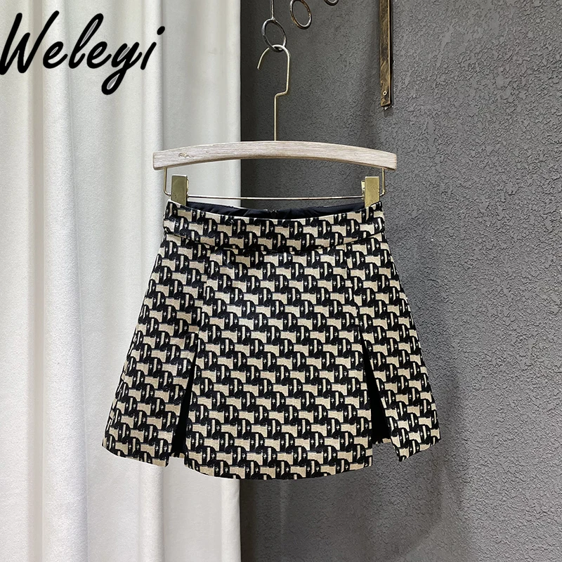 Jacquard Fabric Mini Skirt Women's Summer New Short Plaid Skirt Elegant High Waist Thin Split Culottes A-line Skirts for Women