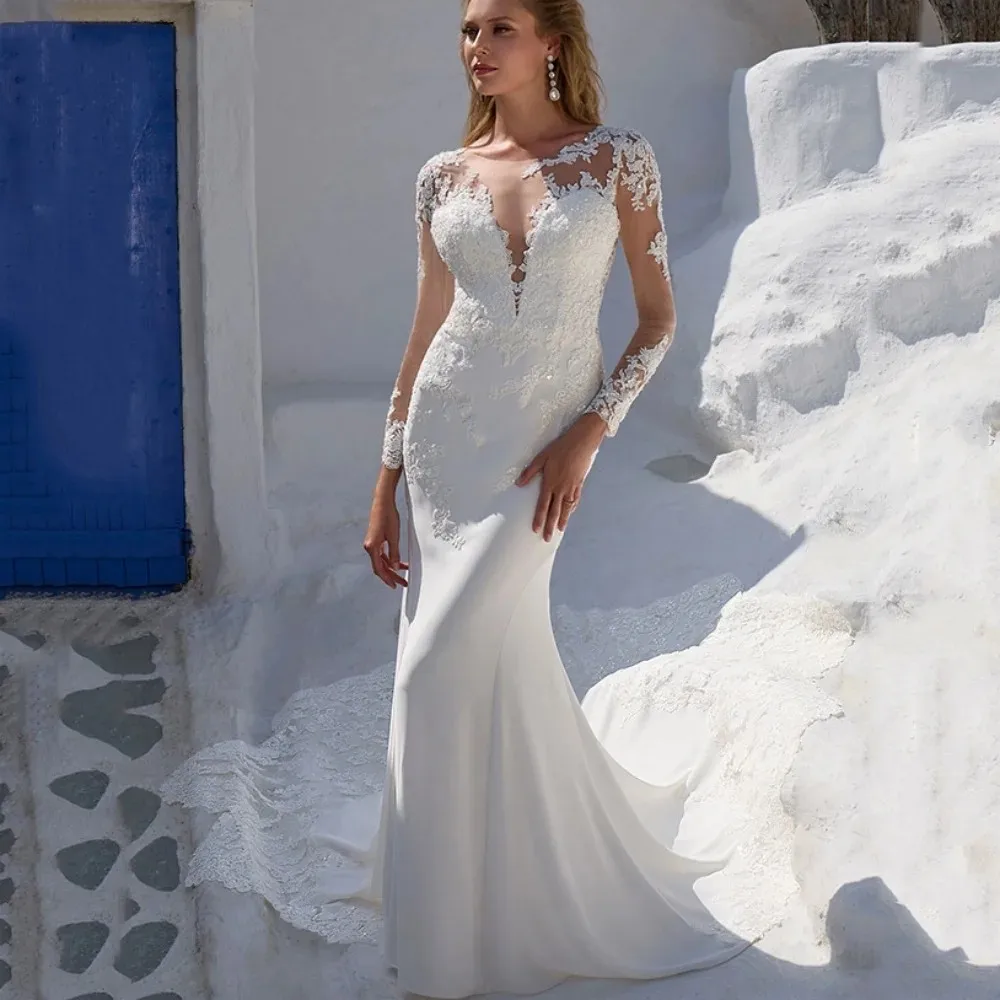 مثير حورية البحر فستان الزفاف 2026 شير الرقبة طويلة الأكمام الوهم أزرار الظهر الدانتيل زين العروس زي العرائس vestido de novia