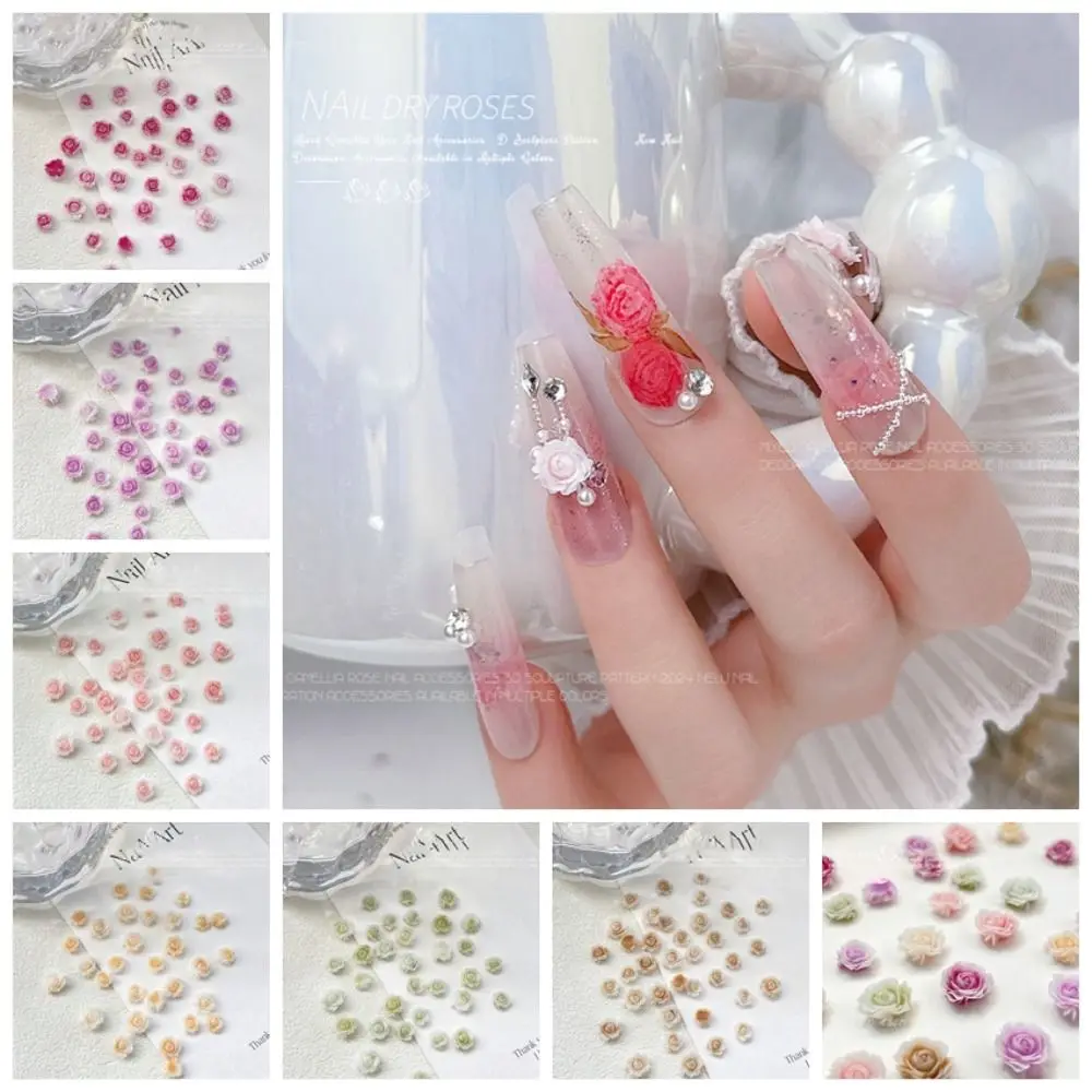 50 Stuks Hars Gradiënt Rozenroos Bloem Nagels Accessoires 3d Gemengde Maat Smudged Vintage Nail Art Decoratie Nagels Steentjes