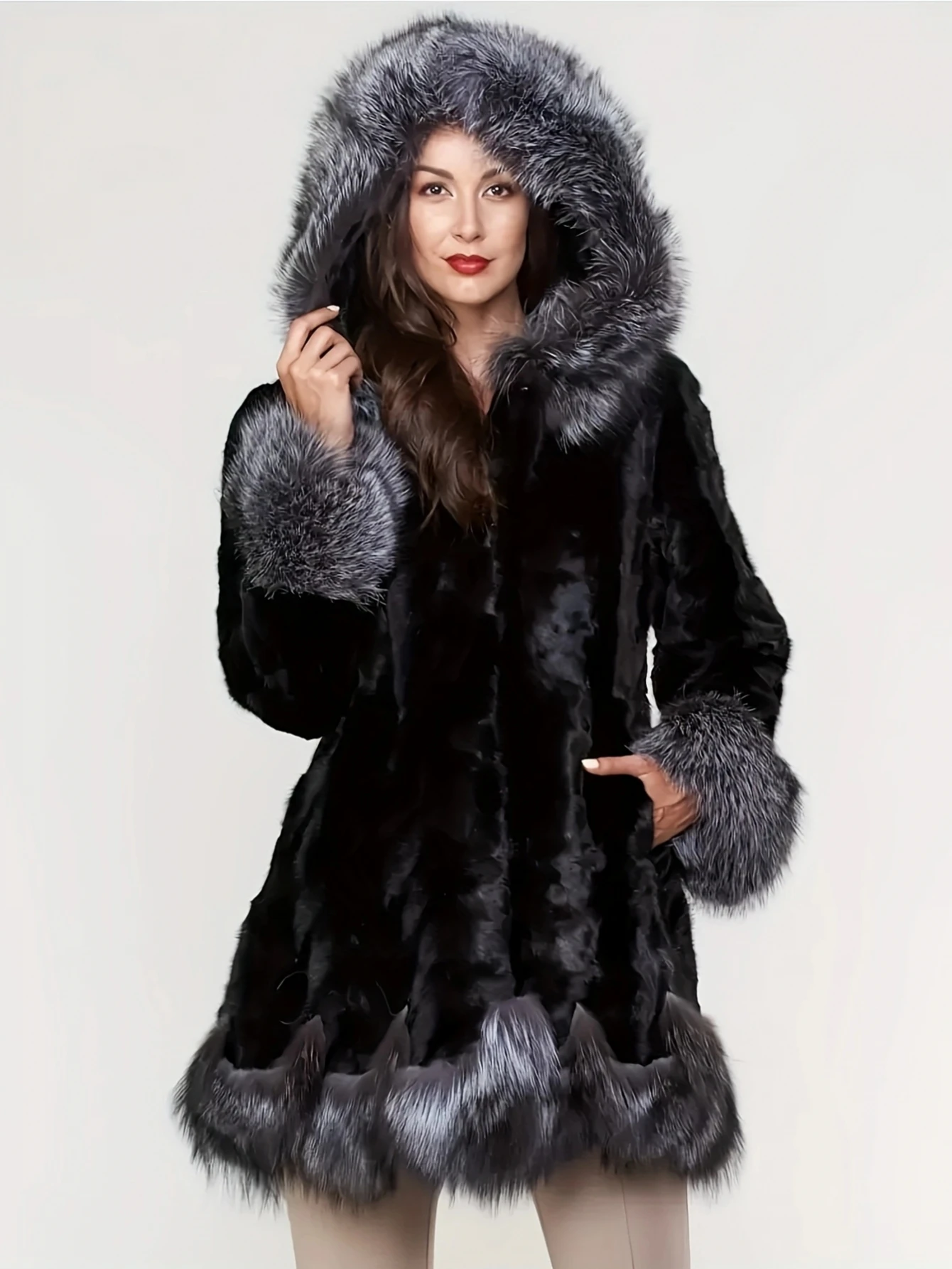 

FHILLINUO Faux Fur Coat Women's Jacket Winter Fashion Warm Thick Rabbit and Fox Leather Brown Especially Fake Fur Cold Coat