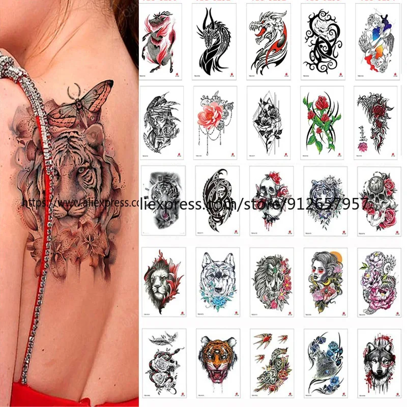 Tatouage Autocollant Temporaire Étanche, Faux Tatouages, Dragon, Tigre, Crâne, Pluie, Fleur, Papillon, Corps, Vente en Gros, 100x