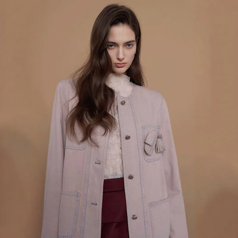 

Повседневная круглая джинсовая куртка с одной пуговицей, розовая хлопковая джинсовая куртка свободного кроя, женская верхняя одежда, осень Faion 2025 г.