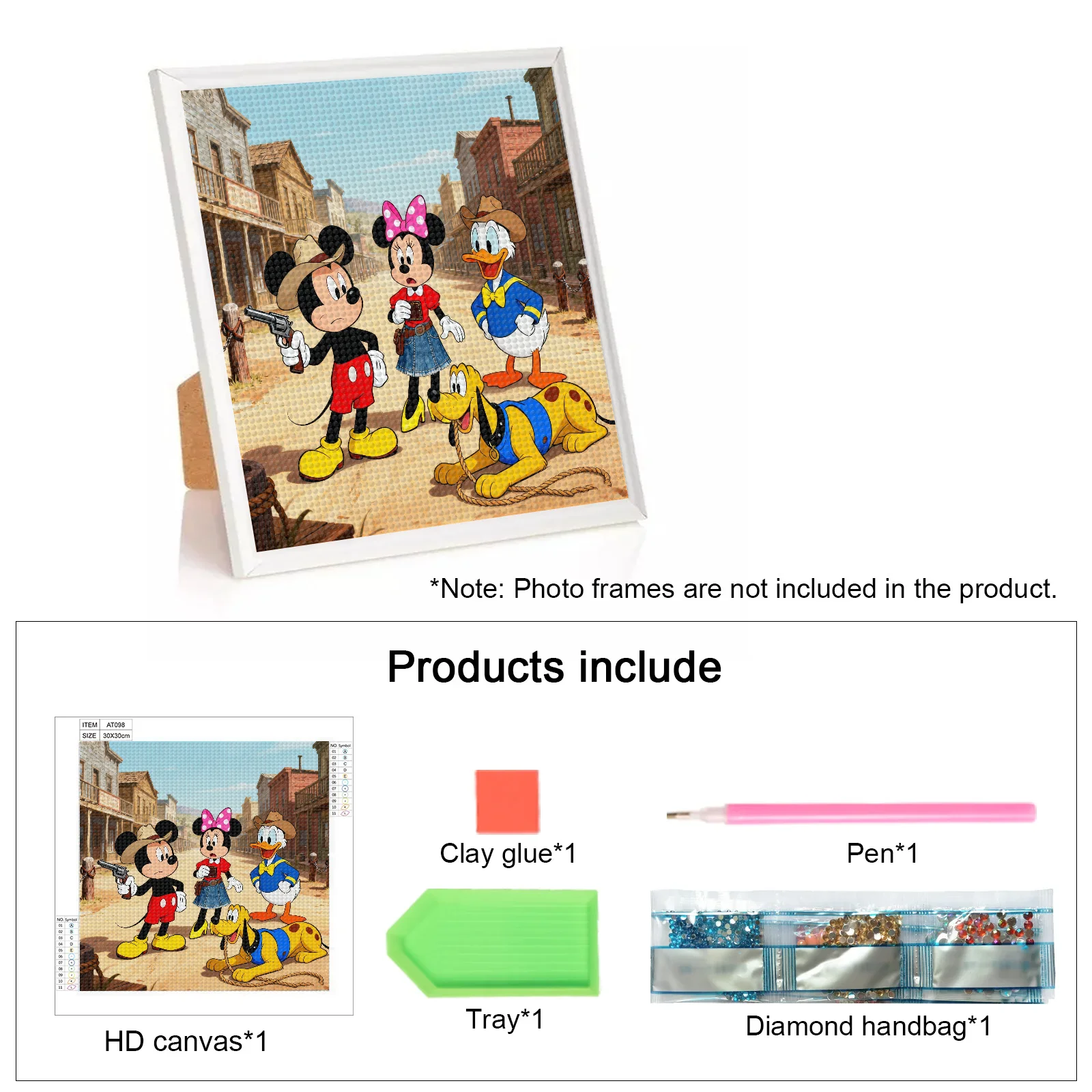 5D DIY Diamond Painting Kit, Full Drill Disney Mickey Minnie Donald Pluto Cowboy Western Theme Diamond Art, Cartoon Characters W