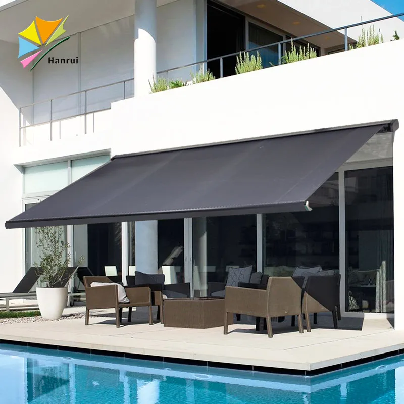 Automatic motorized European design store/restaurant white/black power coated arms retractable cassette awnings with patio cover