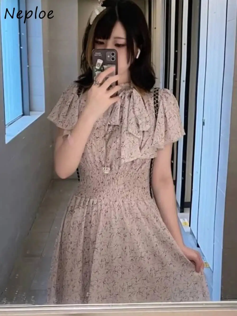 

BabYoung Sweet O Neck Butterfly Sleeve Fresh Print Dress Elegant Lace Up Slim Waist Pleated Robe Japan French Style Moda Vestido