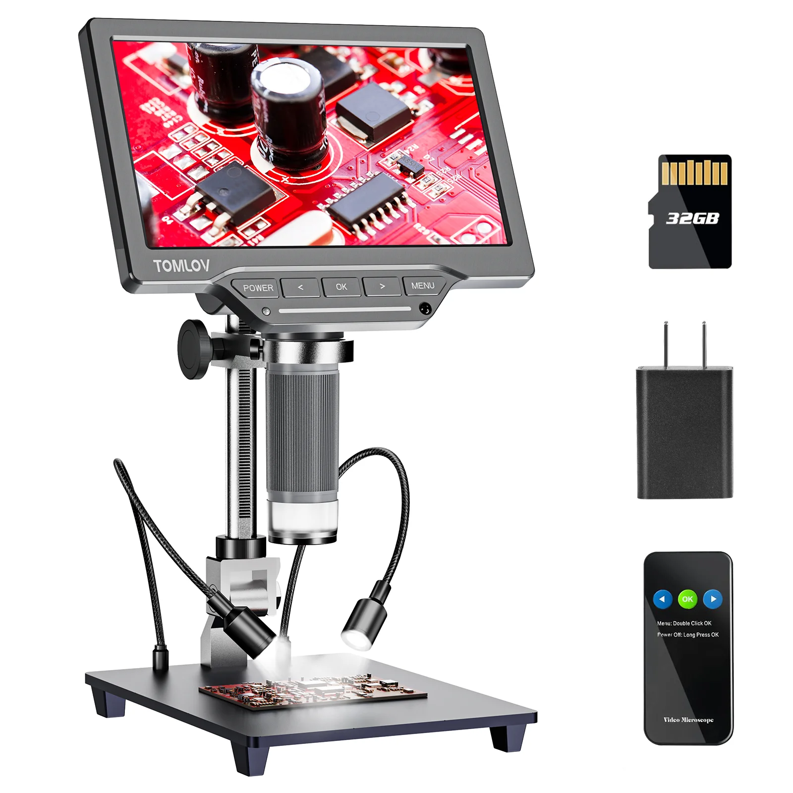 TOMLOV USB Digital Microscope 7 Inch Large Color LCD Screen Inspection DM201 SE 12MP 1-1200X Continuous Amplification Magnifier