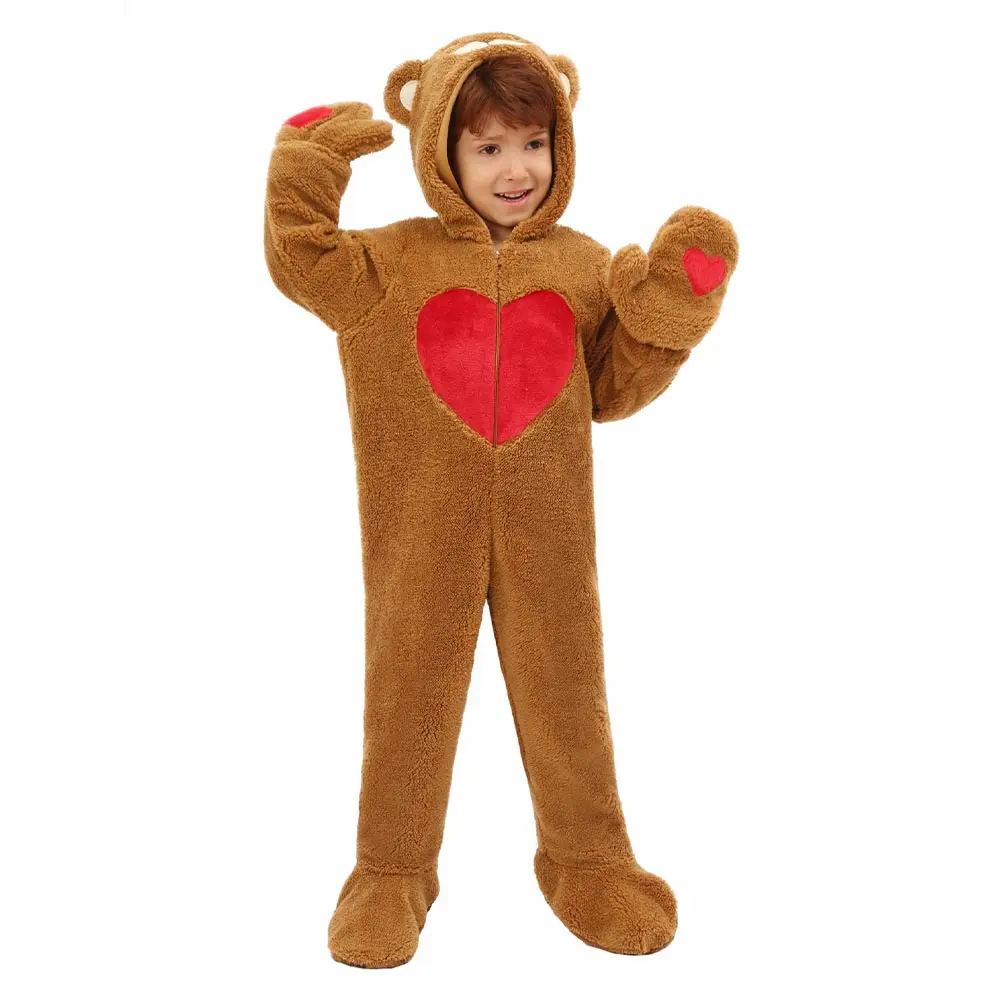 Children Love Bear Jumpsuit Performance Costume Kids Boys Cartoon Cosplay Hooded Outfits Halloween Carnival Party Suit