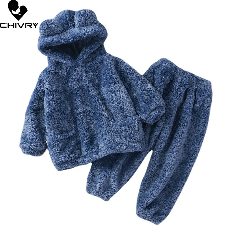 Neue Kinder Winter Pyjama Sets Baby Jungen Mädchen Verdicken Fleece Warm Hause Tragen Kinder Nette Bär Mit Kapuze Nachtwäsche Pyjamas Kleidung