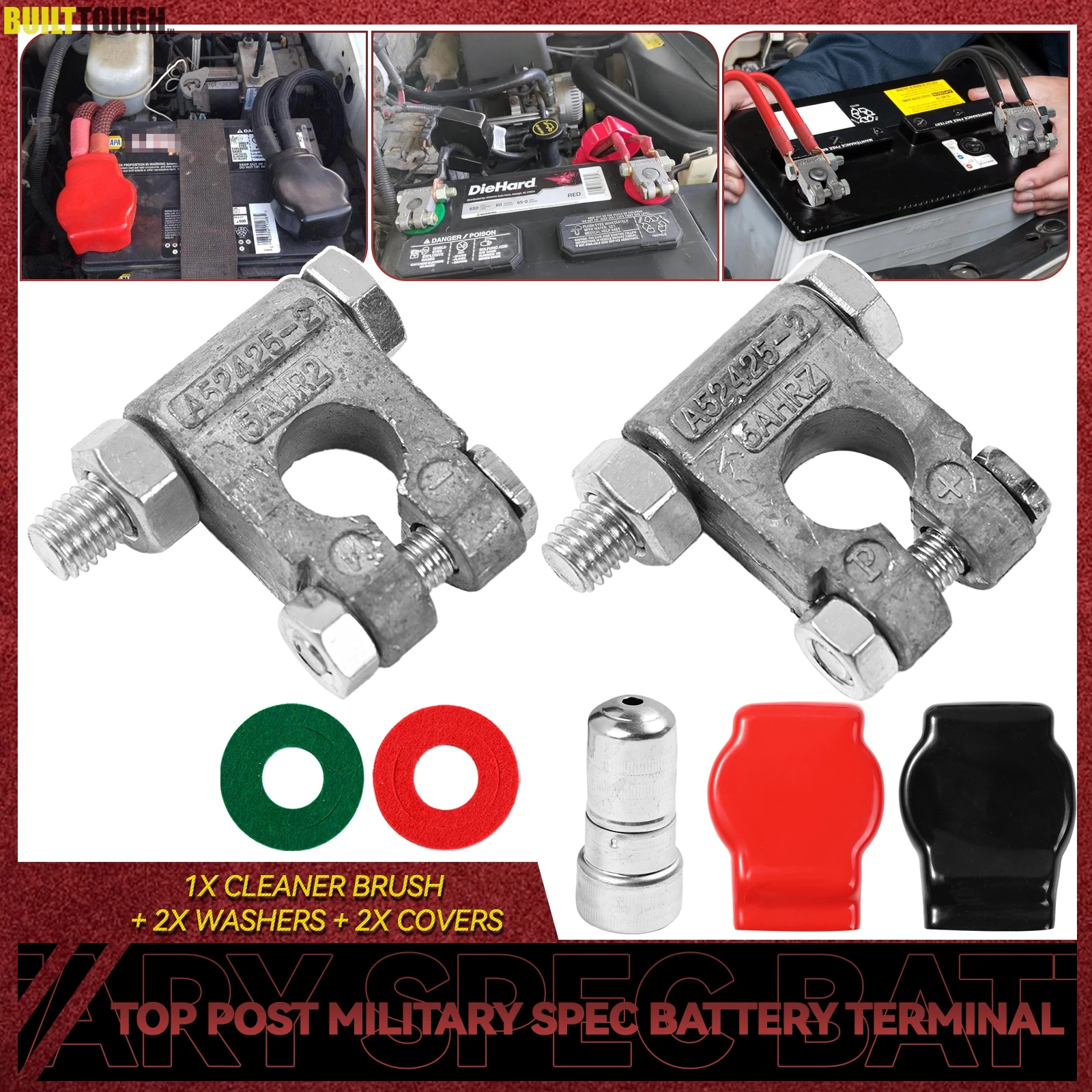 Military Spec Battery Terminal Top Post Kit P+ & N- for Car Auto Truck Rv Boat with Cover Washers