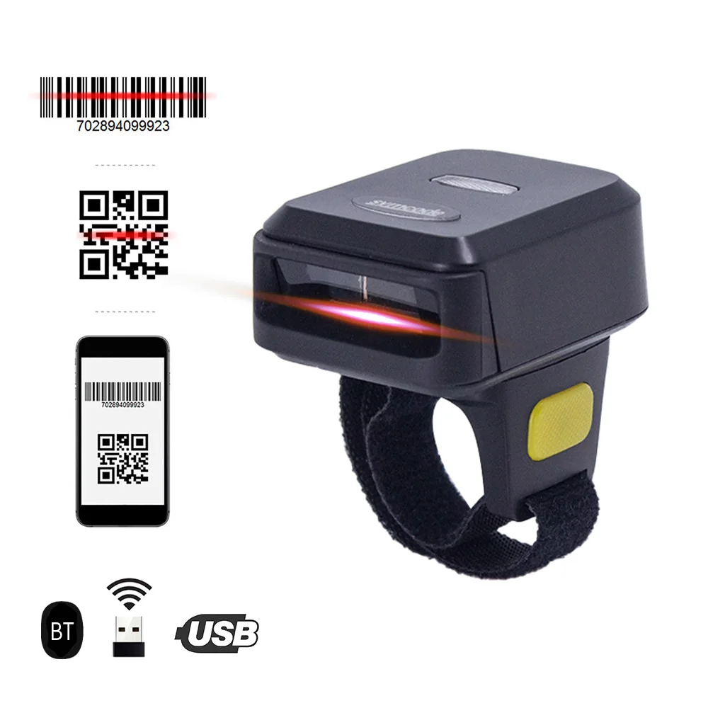 2D Barcode Scanner Portable Finger Handheld Wearable Ring 1D 2D Bar Code Reader BT+2.4G Wireless for Windows PC Computer