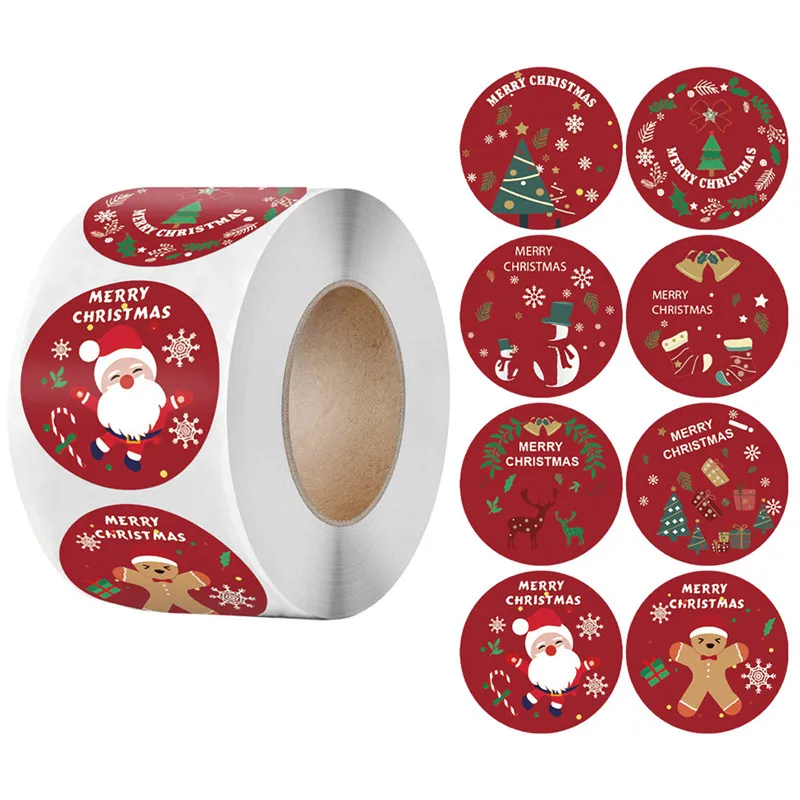 500 Stuks/Rol 38Mm Vrolijk Kerst Kraftpapier Stickers Voor Kerstcadeauverpakking Decor, Kerstthema Zelfklevende Etiketten Bakzegels