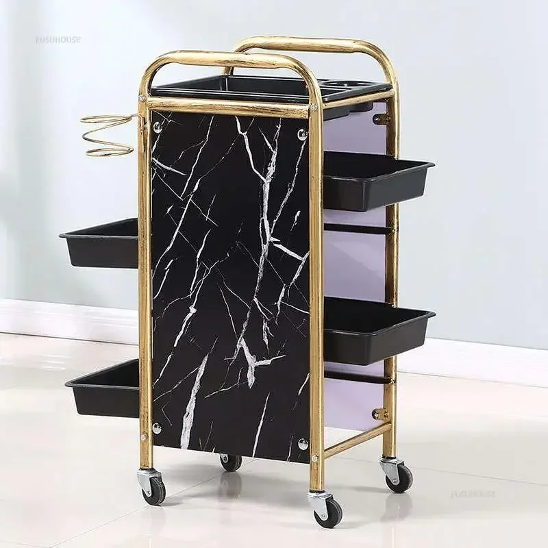 Retro Barber Shop Salon Trolleys Nordic Beauty Salon Auxiliary Cart With Wheels Creative Hair Salon Perm And Dye Tool Cart