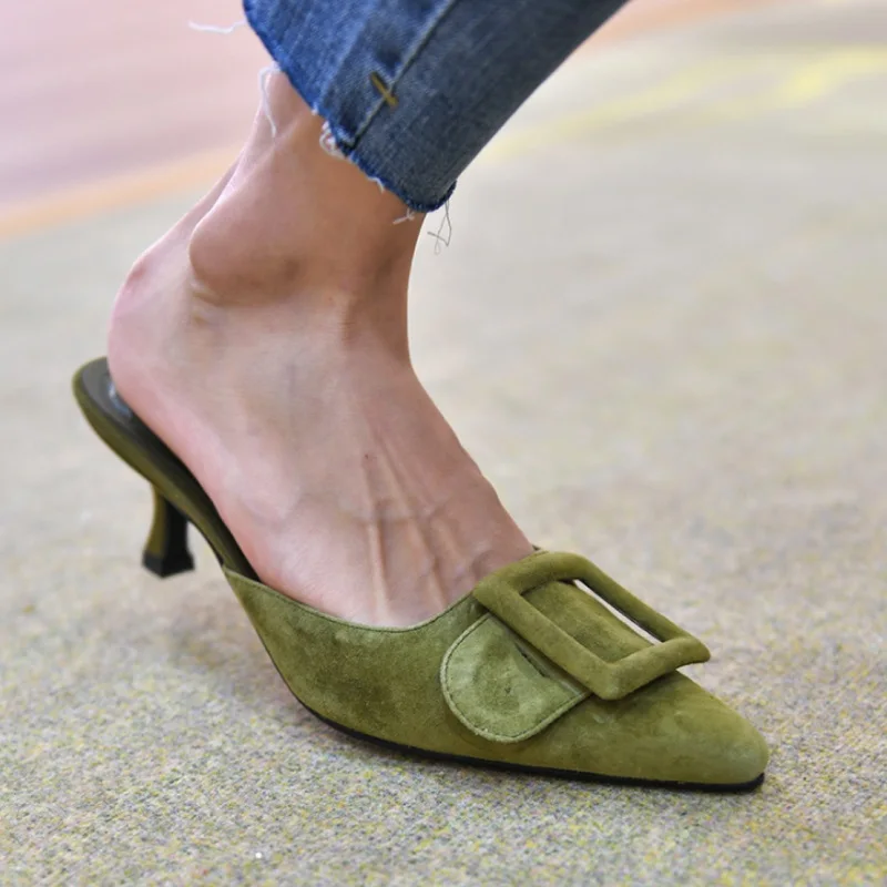 2022 Woman Summer sandals Lady mules big size 42 basic style shoes kid suede french style buckle slippers Women pump pointed toe