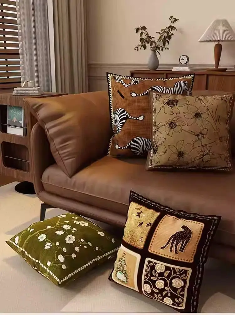 Mid-century Modern Style brown black printed cushion cover cotton linen vintage case for pillow cover