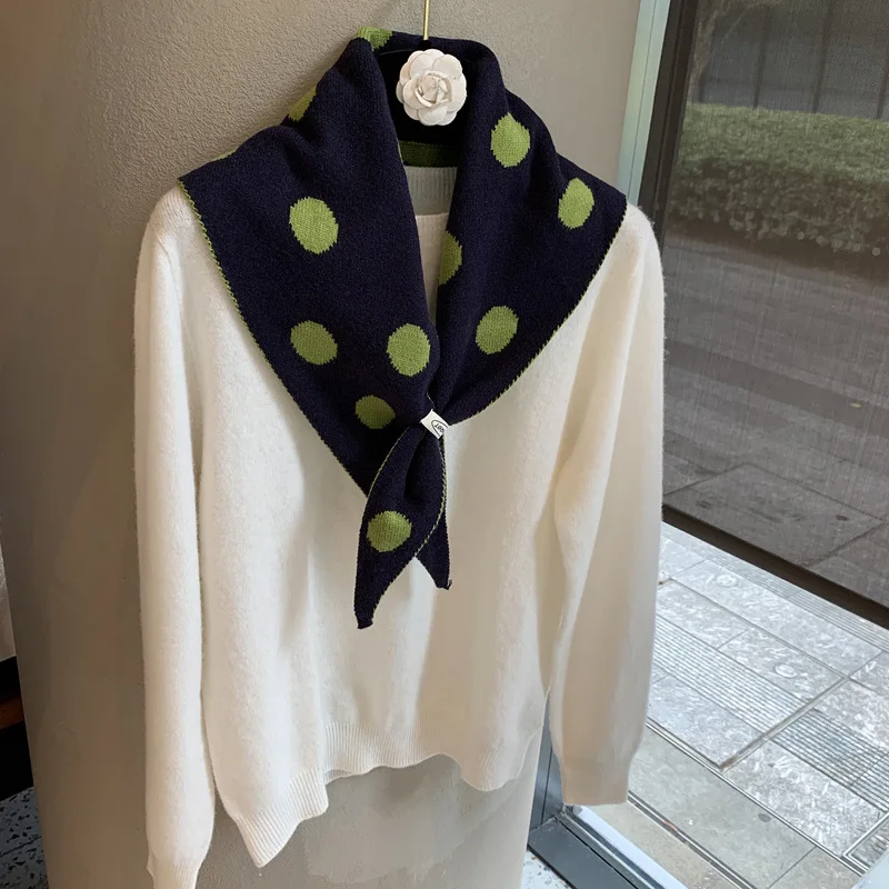 Polka Dot Double-sided Knitted Triangle Scarf Female Korean Version Niche Design Shawl Fashionable Versatile Warm Scarf Scarf