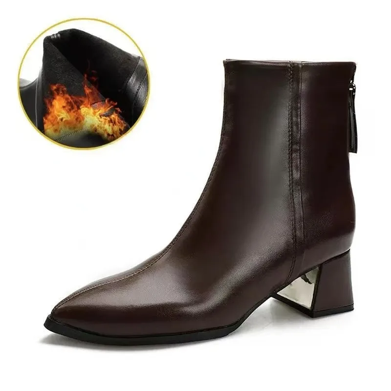 

Модные ботинки на высоком каблуке с острым носком, черные, коричневые ботинки на высоком эластичном каблуке на толстом каблуке, женская зимняя обувь