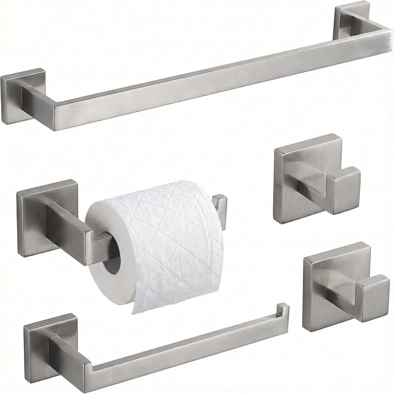 

5 Piece Bathroom Hardware Set Brushed Nickel, SUS304 Stainless Steel Towel Bar Set, Modern Square Accessories with 16 Inch Rack