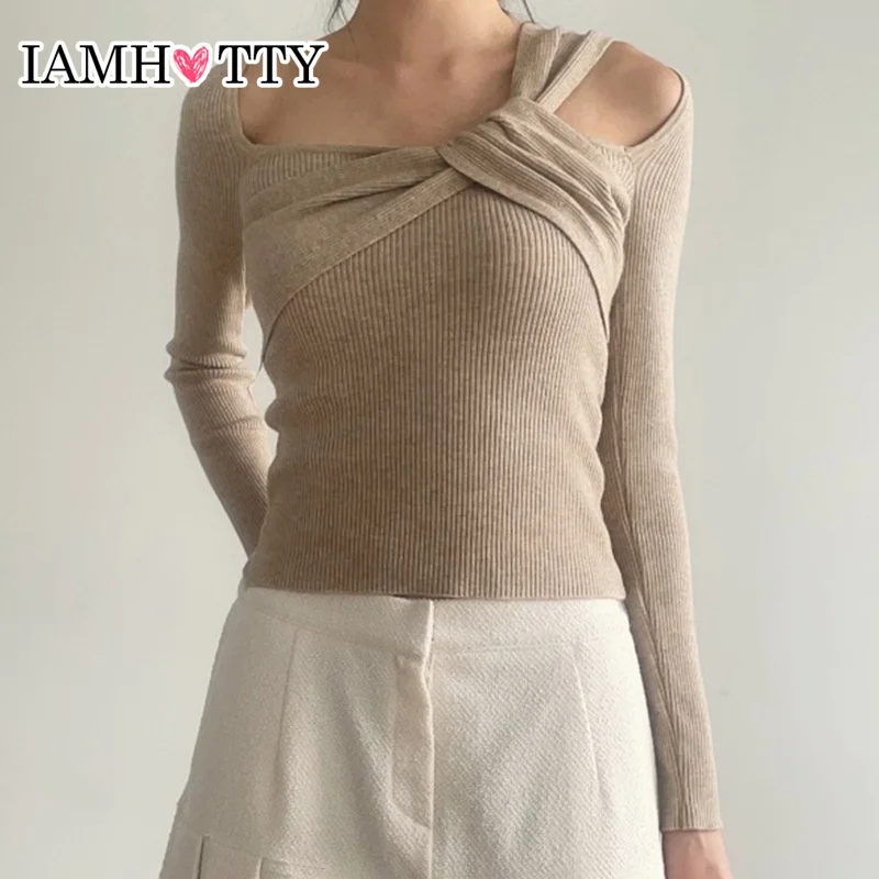 

IAMHOTTY Twist Cut Out Knitting Top Women's Autumn Spring Casual Basic Long Sleeve T-shirts Korean Fashion Chic Tops Design Tees