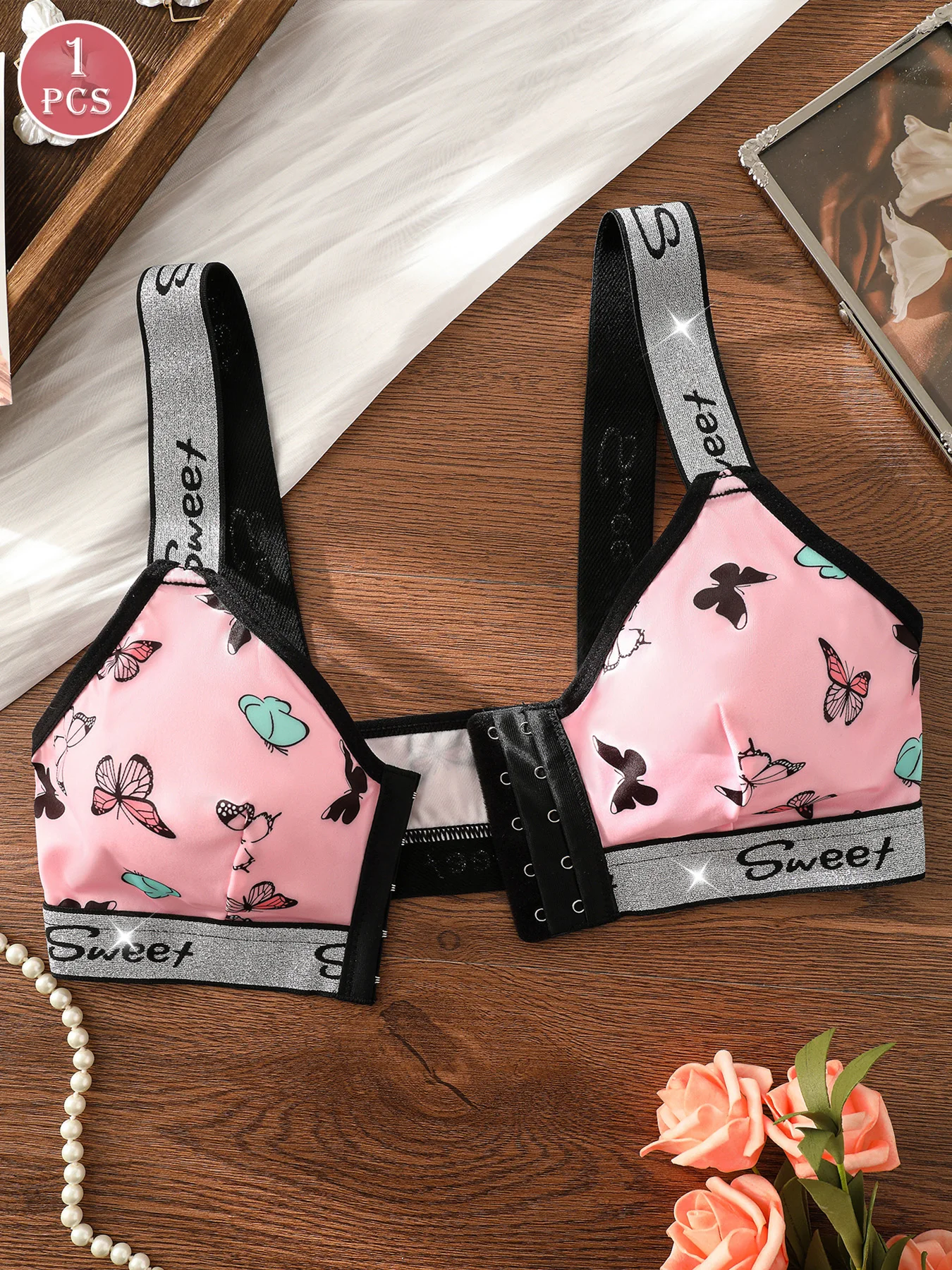 1 pièce Bralette rose à imprimé papillon, avec bande à lettres scintillantes « Sweet », sans armatures, bonnet triangulaire, confort doux, lingerie féminine