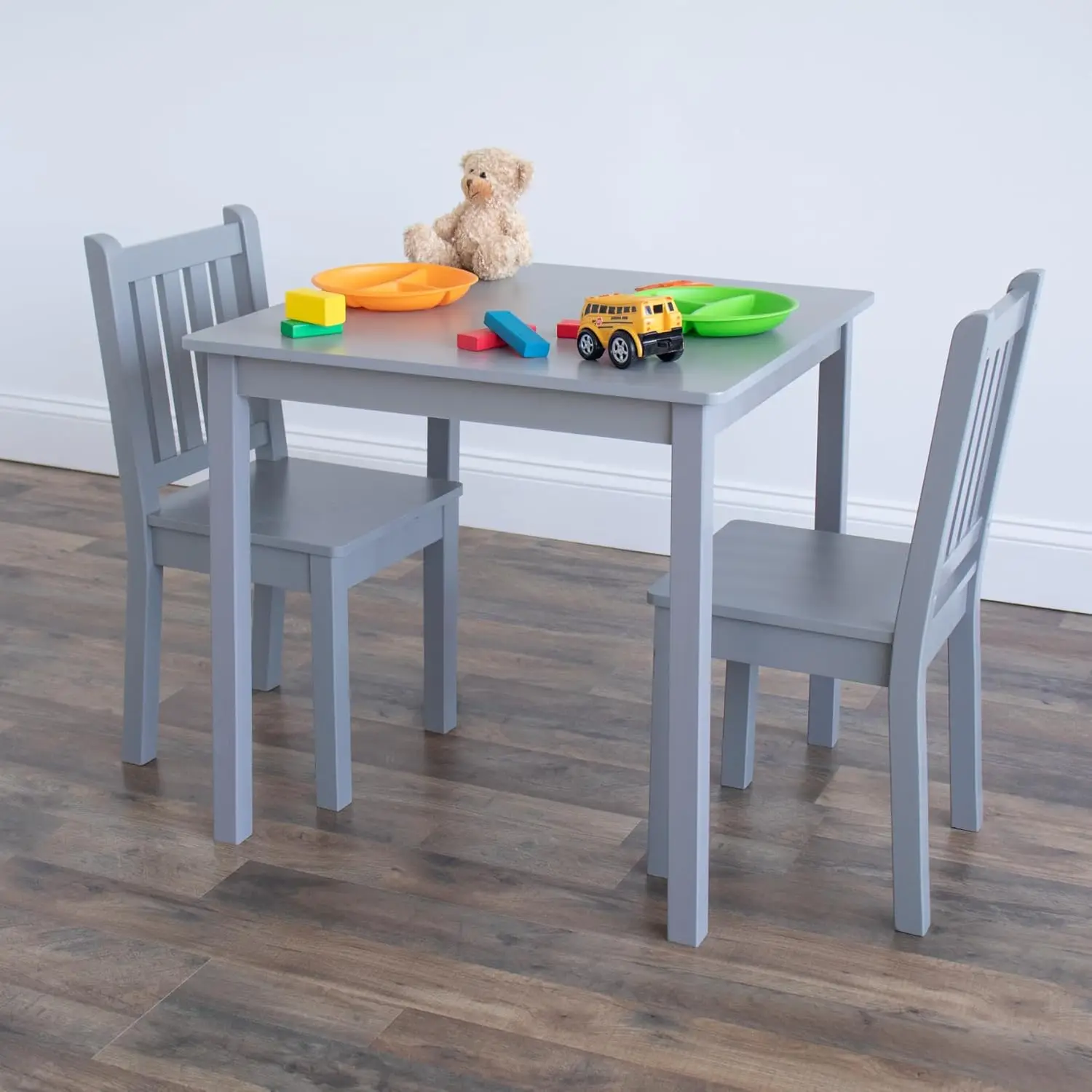 Set tavolo e 2 sedie in legno per bambini grigio, quadrato