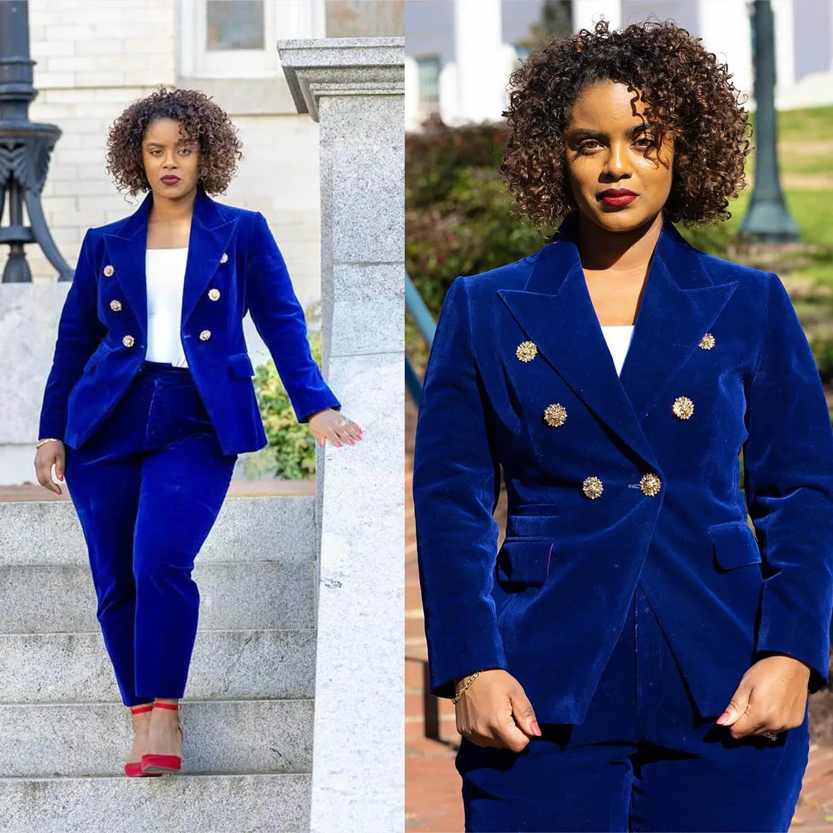 

Королевские синие бархатные женские брючные костюмы больших размеров, облегающие женские костюмы для выпускного вечера, дня рождения, комплект из 2 предметов по индивидуальному заказу