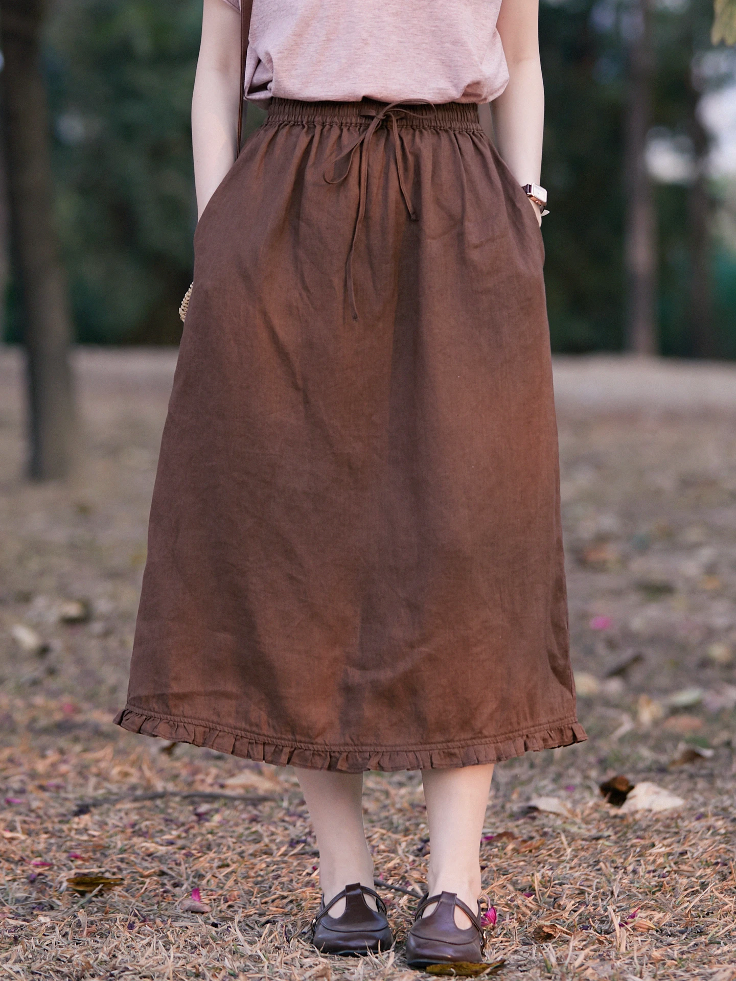 

Льняная полуюбка Gujia с деревянными элементами, дышащая, легкая, омолаживающая, в художественном стиле, с эластичной талией, для женщин