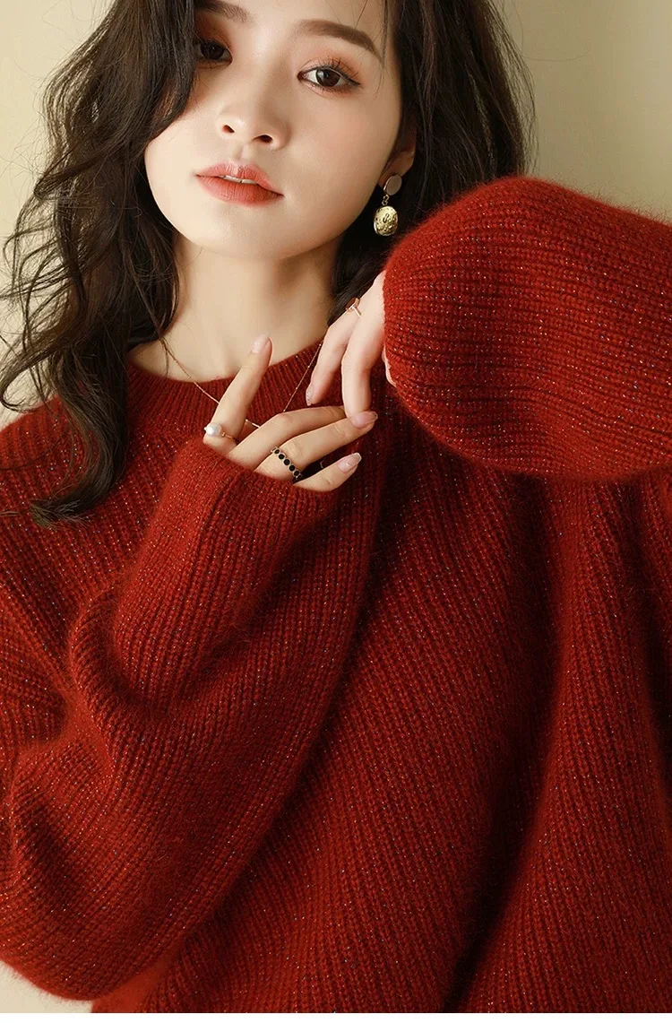 New Chic Women O-neck Wool Sweater Long Sleeve Pullover Spring Autumn Casual Loose Style 100% Merino Wool Knitwear Korean Tops